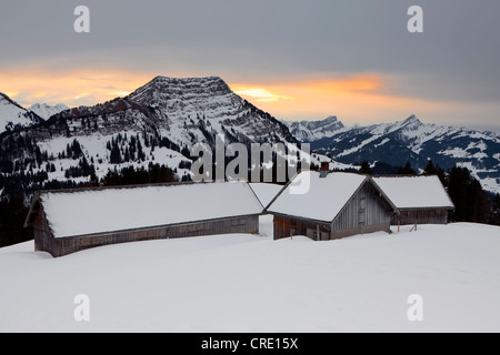 Les pâturages de montagne couverte de neige en Pfingstboden la gamme de l'Alpstein, Swiss Alps, Switzerland, Europe Banque D'Images