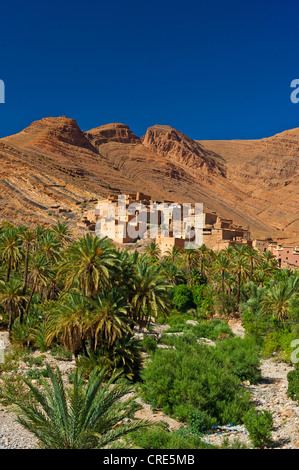 Cuesta typique paysage, pentes de montagne caractérisée par l'érosion, avec de petites villes et de dattiers, Ait Mansour valley Banque D'Images