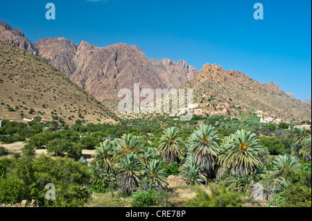 Paysage typique de montagne dans l'Anti-Atlas, village sur une colline avec des maisons berbères traditionnels Banque D'Images