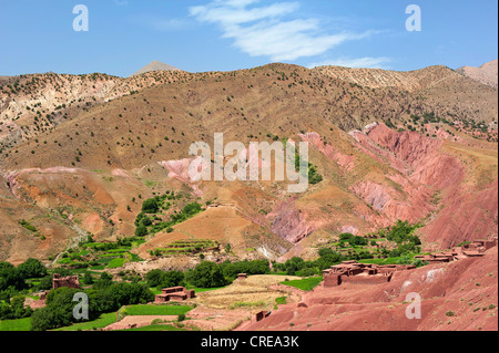 La vallée de la rivière avec de petits champs et un village avec des maisons en pisé berbère ait Bouguemez, vallée, Haut Atlas, Maroc Banque D'Images