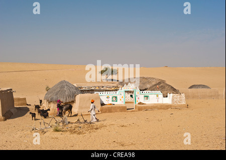 Ferme traditionnelle avec les murs extérieurs peints d'un toit et de brindilles dans le désert de Thar, Rajasthan, Inde, Asie Banque D'Images