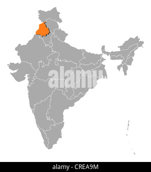 Carte politique de l'Inde avec les divers états du Pendjab où est mis en évidence. Banque D'Images