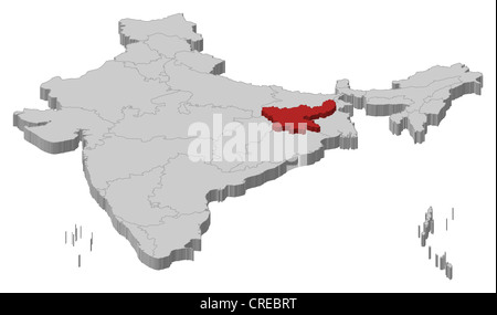 Carte politique de l'Inde avec les divers États où le Jharkhand est mis en évidence. Banque D'Images