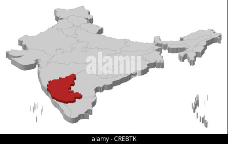 Carte politique de l'Inde avec les divers états du Karnataka où est mis en évidence. Banque D'Images