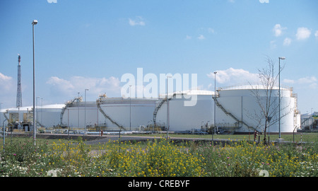 Les réservoirs de stockage de produits pétroliers dans la raffinerie Leuna, Allemagne Banque D'Images