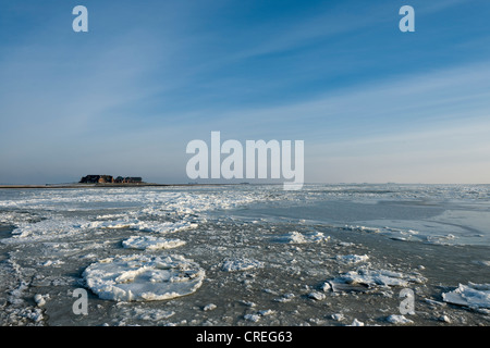 Mer du Nord gelé avec la Hallig Langeness, Holm, à l'horizon, la Frise du Nord, , le nord de l'Allemagne Banque D'Images