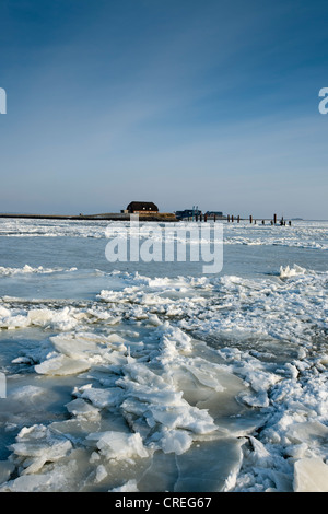 Mer du Nord gelé avec la Hallig Langeness, Holm, à l'horizon, la Frise du Nord, Schleswig-Holstein, Allemagne du Nord Banque D'Images