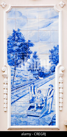 Peinture murale, Azulejo carreaux de céramique avec une scène avec un cog railway et panier en carriole à Funchal, sur le théâtre municipal Banque D'Images