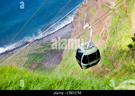 Téléphérique Pour les champs et les plantations sur les falaises rocheuses de la côte Atlantique, à Achadas da Cruz, Madeira, Portugal, Europe Banque D'Images