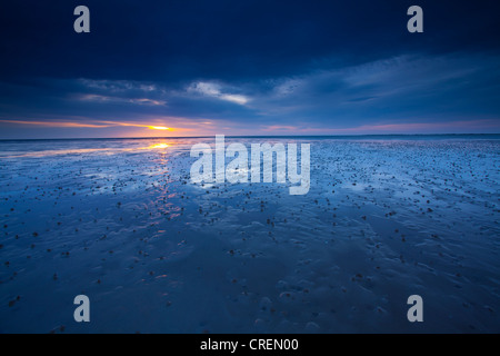 En Angleterre, Northumberland, Goswell Sands. Les tons de bleu de l'aube reflétée sur la plage Banque D'Images