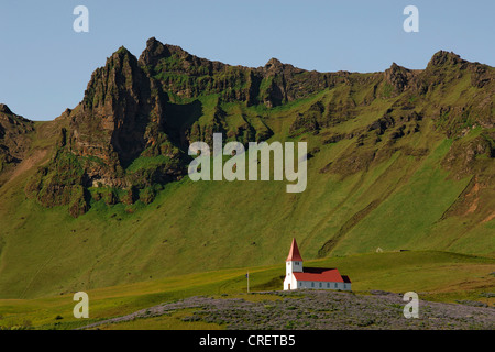 L'église rouge et blanc entouré de champs de lupins, au-dessus de la ville de Vik, le sud de l'Islande, Islande, Vik Banque D'Images