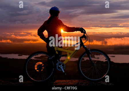 Vélo de montagne femelle sous le soleil de minuit, la Suède, la Laponie, Gaellivare Banque D'Images