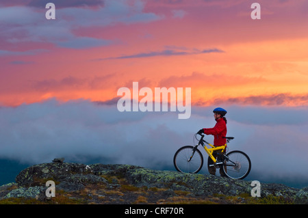 Vélo de montagne femelle sous le soleil de minuit, la Suède, la Laponie, Gaellivare Banque D'Images