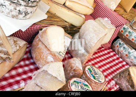 Fromages français et espagnol en vue de la vente et sur l'affichage temporaire durant la Marylebone Fayre à Londres 2012. Banque D'Images