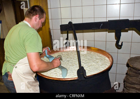 La production de fromage traditionnel : la décantation de caillé, Suisse, Valais, Zermatt, Taeschalp Banque D'Images