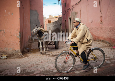 L'homme musulman local équitation un vélo, Marrakech, Maroc. Banque D'Images