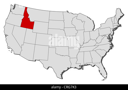 Carte politique des Etats-Unis avec les divers états de l'Idaho où est mis en évidence. Banque D'Images