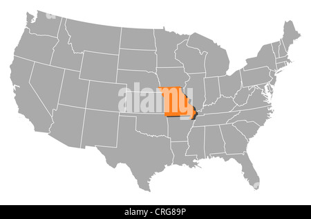 Carte politique des Etats-Unis avec les divers États où le Missouri est mis en évidence. Banque D'Images