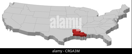 Carte politique des Etats-Unis avec plusieurs États où la Louisiane est en surbrillance. Banque D'Images