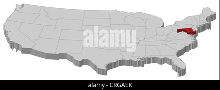 Carte politique des Etats-Unis avec plusieurs États où l'Marylansd est mis en évidence. Banque D'Images