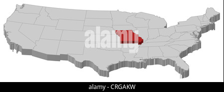 Carte politique des Etats-Unis avec les divers États où le Missouri est mis en évidence. Banque D'Images