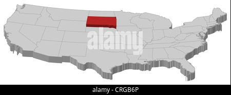 Carte politique des Etats-Unis avec les divers États où le Dakota du Sud est en surbrillance. Banque D'Images