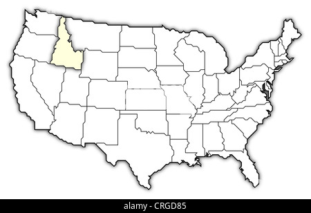 Carte politique des Etats-Unis avec les divers états de l'Idaho où est mis en évidence. Banque D'Images