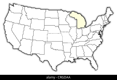 Carte politique des Etats-Unis avec plusieurs États où le Michigan est en surbrillance. Banque D'Images