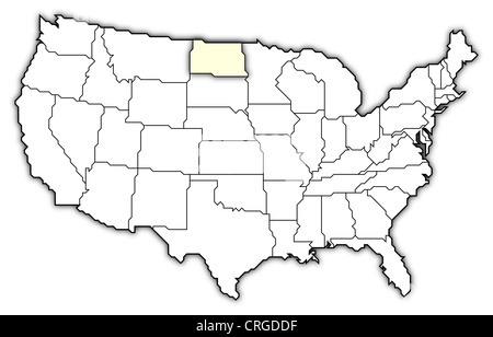 Carte politique des Etats-Unis avec les divers États où le Dakota du Nord est mis en évidence. Banque D'Images