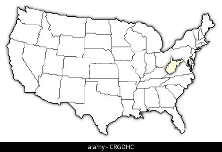 Carte politique des Etats-Unis avec plusieurs États où la Virginie de l'Ouest est en surbrillance. Banque D'Images