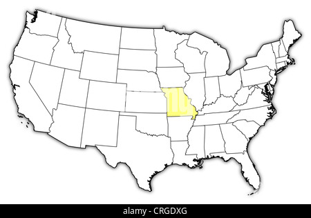 Carte politique des Etats-Unis avec les divers États où le Missouri est mis en évidence. Banque D'Images