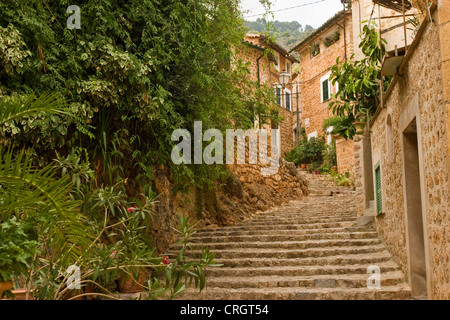 Escaliers dans un village romantique, Baléares, Majorque, Fornalutx Banque D'Images