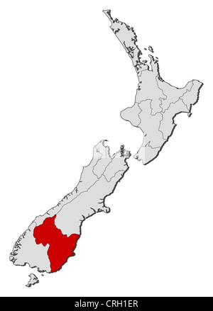 Carte politique de la Nouvelle-Zélande avec les diverses régions où l'Otago est mis en évidence. Banque D'Images