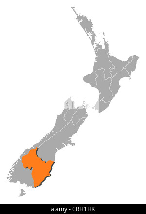 Carte politique de la Nouvelle-Zélande avec les diverses régions où l'Otago est mis en évidence. Banque D'Images