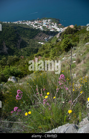 Regardant vers le bas sur la côte amalfitaine du Sentiero degli Dei (à pied des dieux) Banque D'Images