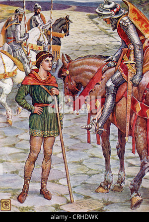 Perceval, un chevalier de la Table ronde du Roi Arthur, questions Sir Owen. Banque D'Images