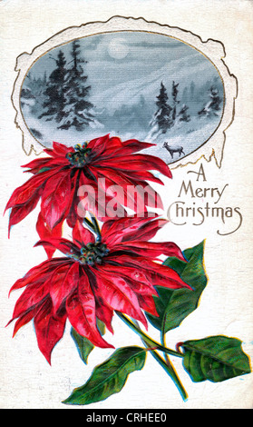 Un Joyeux Noël - vintage Carte de Noël avec les poinsettias et scène d'hiver Banque D'Images