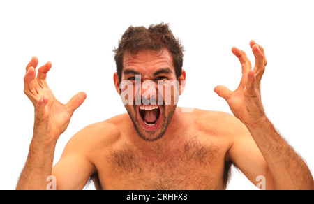 Man yelling avec les mains dans l'air sur un fond blanc Banque D'Images