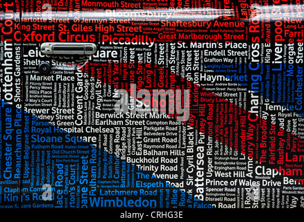 London taxi Vodafone porte union jack autocollant avec london place names abstract Banque D'Images