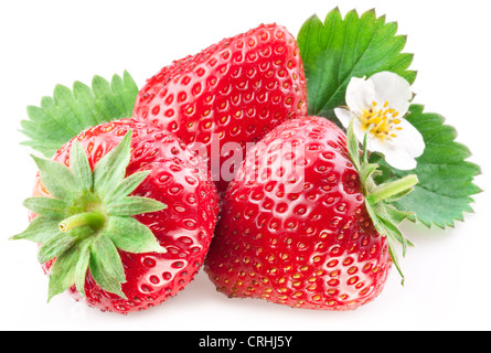 Fraise appétissante avec des feuilles. Isolé sur un fond blanc. Banque D'Images