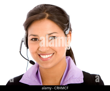 Soutien à la clientèle d'affaires woman with headset smiling Banque D'Images