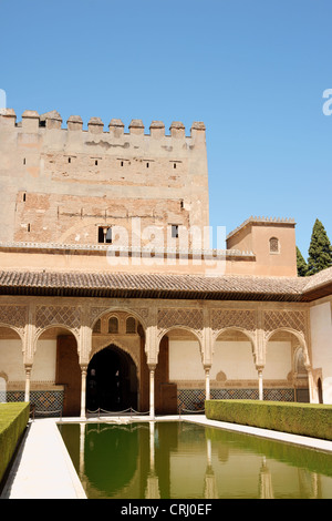 Détail de la Tour de Comares et la Cour des Myrtes ou cour de la bénédiction dans l'Alhambra de Grenade, Espagne Banque D'Images