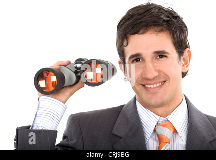 Businessman holding jumelles dans la main avec un sourire Banque D'Images