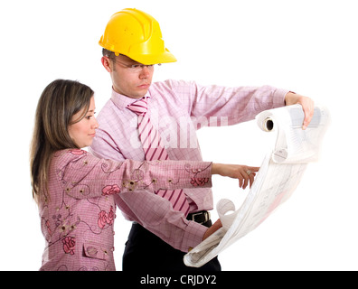 Couple d'architectes à certains plans Banque D'Images