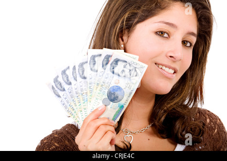 Jeune femme avec un faned paquet de billets dans sa main Banque D'Images