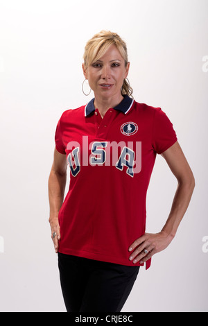 American female road cyclist Dotsie Bausch au Sommet des médias Team USA à Dallas, TX de l'avance des Jeux Olympiques de Londres de 2012. Banque D'Images