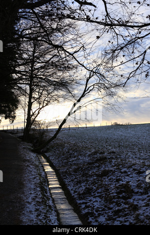 Cours d'eau gelés en paysage agricole, Chiemgau Haute-bavière Allemagne Banque D'Images