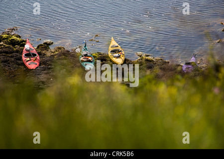 Kayaks amarré on Rocky beach Banque D'Images