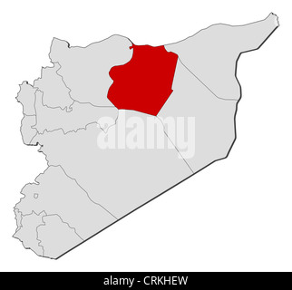 Carte politique de la Syrie avec l'plusieurs gouvernorats où Ar-Raqqah est mis en évidence. Banque D'Images