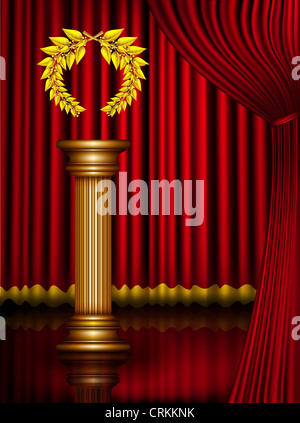 Avec la colonne Prix gagnant d'or couronne de laurier sur la scène de théâtre avec rideau de velours Banque D'Images